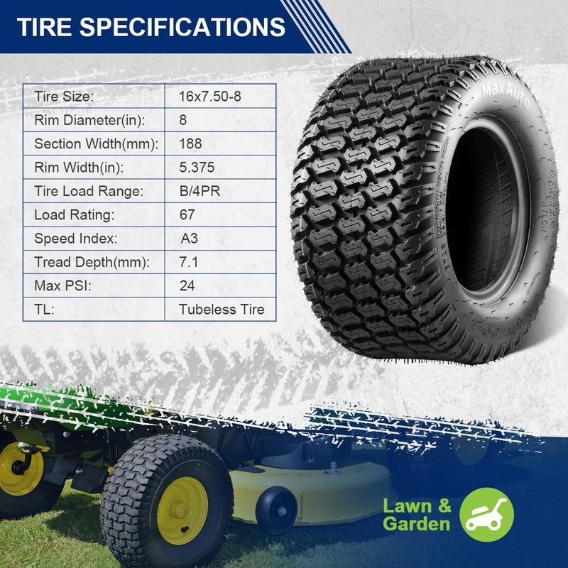 MaxAuto ماكس أوتو 16x7.50-8 16x7.5x8 إطارات جزازة العشب 4PLY، مجموعة من 2 - Image 3